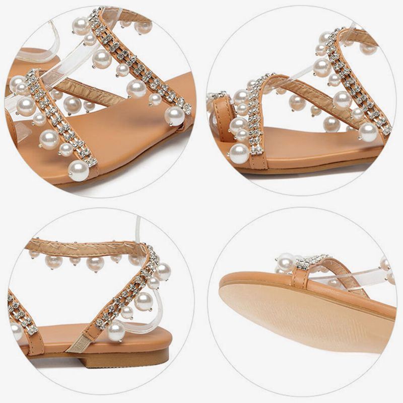 Dames Bohemian Clip Teen Bead Decoratie Slip Op Elastische Band Casual Vakantie Strand Platte Sandalen