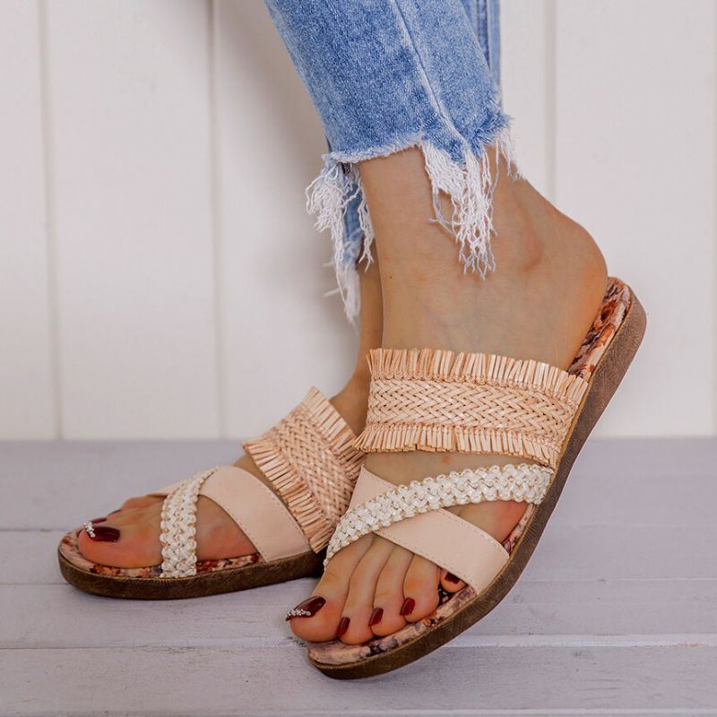 Dames Bohemian Cross Strap Weave Kwastje Open Teen Casual Strand Platte Sandalen