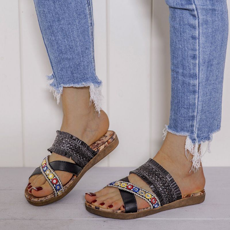 Dames Bohemian Cross Strap Weave Kwastje Open Teen Casual Strand Platte Sandalen