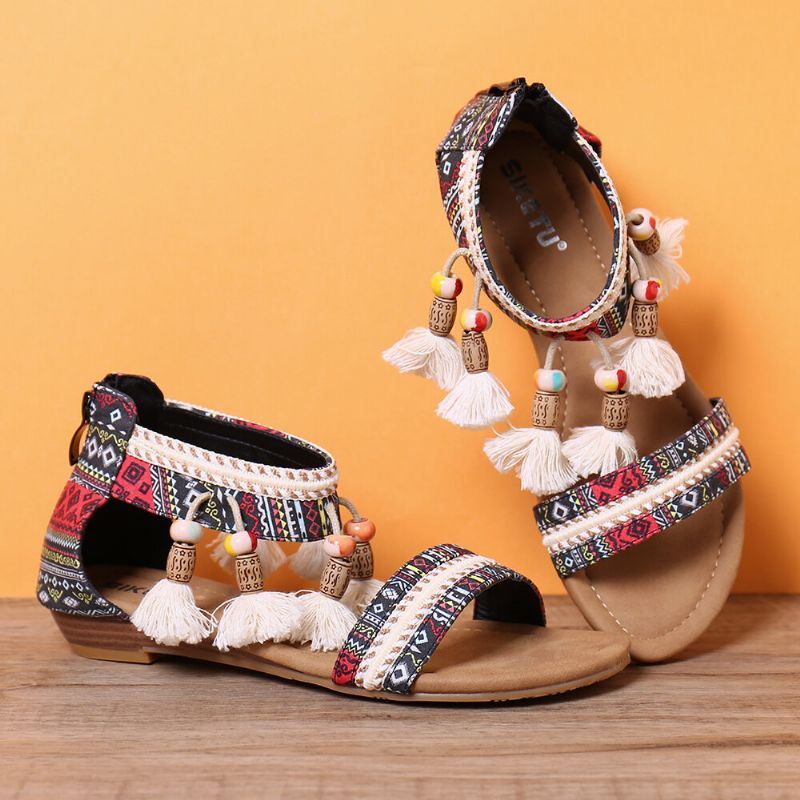 Dames Bohemian Folkways Patroon Open Teen Zomer Platte Sandalen