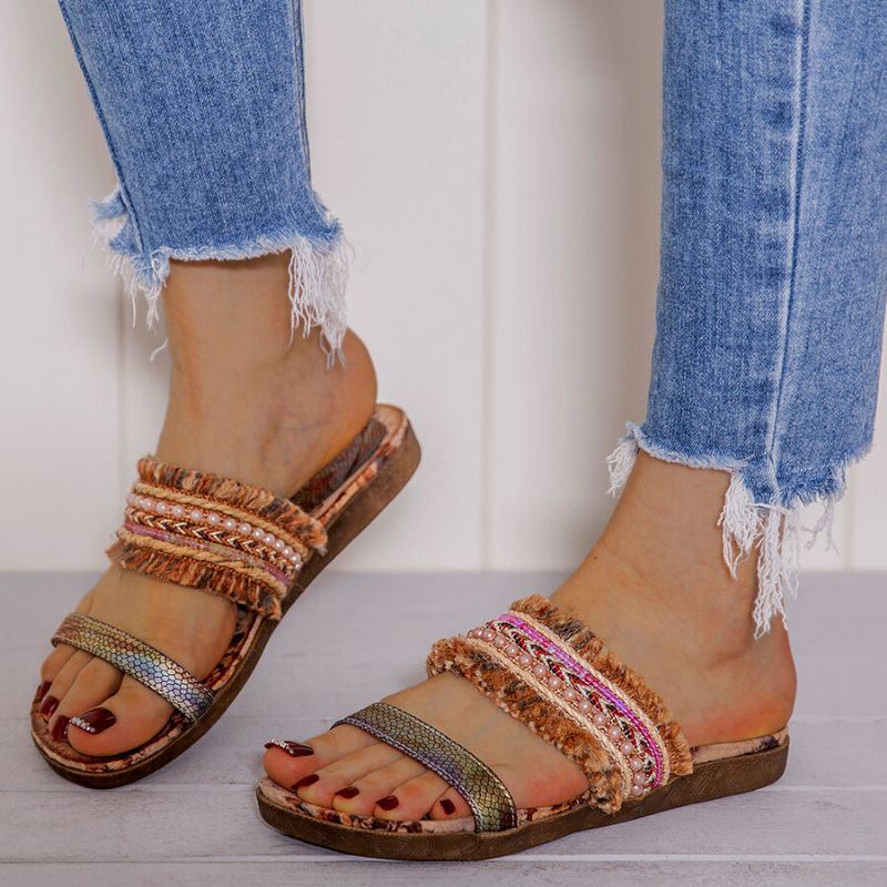 Dames Bohemian Folkways Stiksels Antislip Bloempatroon Open Teen Zomer Strand Platte Sandalen