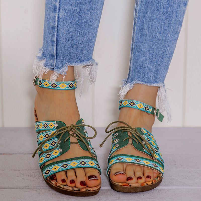 Dames Bohemian Geborduurde Folkways Open Teen Gesp Casual Zomer Strand Platte Sandalen