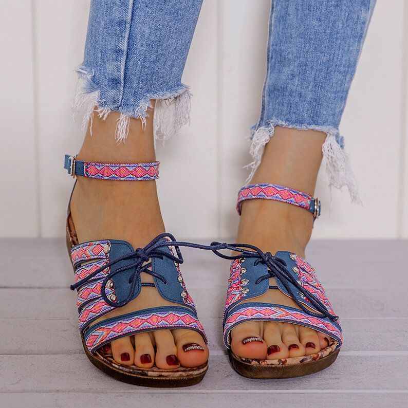 Dames Bohemian Geborduurde Folkways Open Teen Gesp Casual Zomer Strand Platte Sandalen