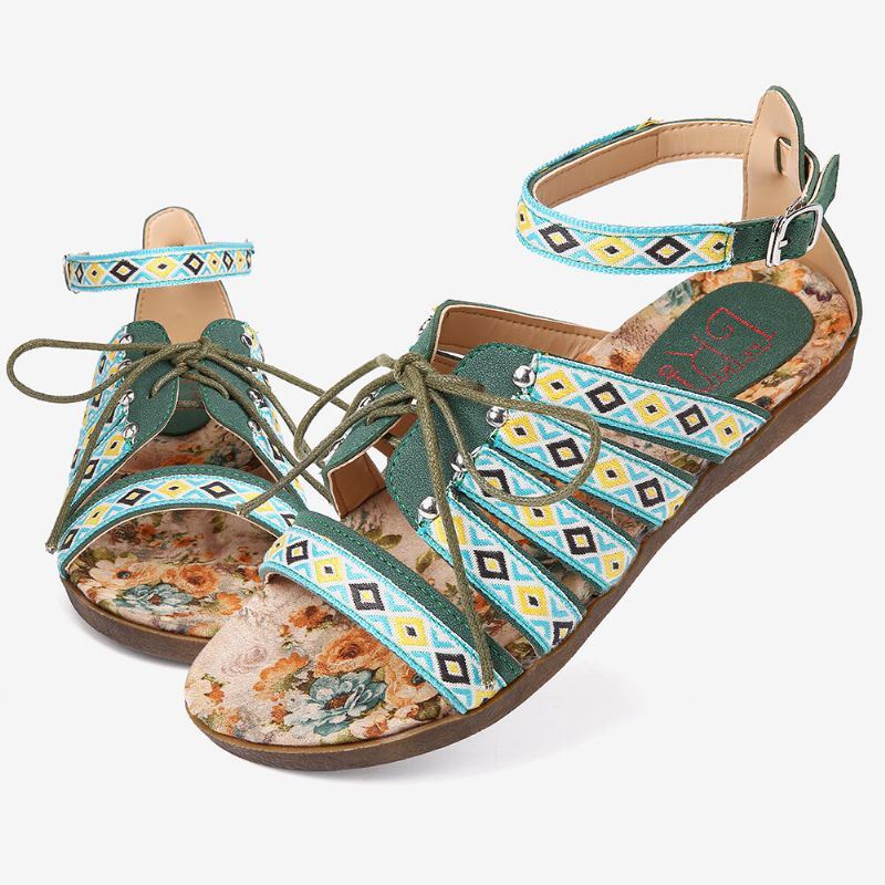 Dames Bohemian Geborduurde Folkways Open Teen Gesp Casual Zomer Strand Platte Sandalen