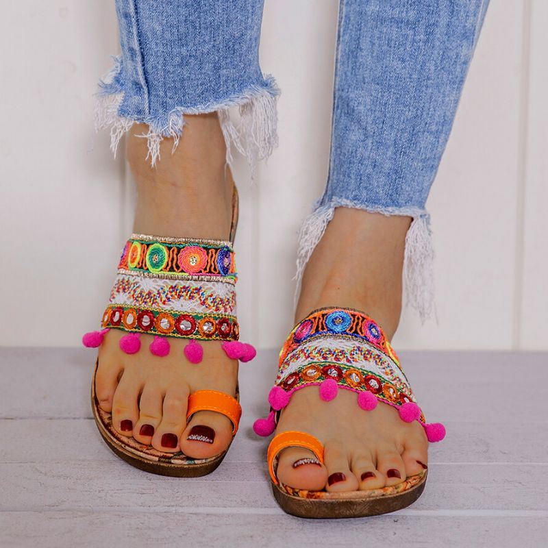 Dames Bohemian Geborduurde Teenring Zachte Zool Zomer Casual Platte Sandalen