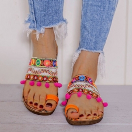 Dames Bohemian Geborduurde Teenring Zachte Zool Zomer Casual Platte Sandalen