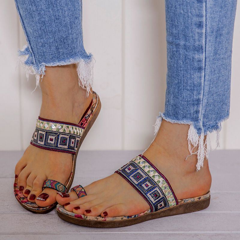 Dames Bohemian Geborduurde Teenring Zachte Zool Zomer Casual Platte Sandalen