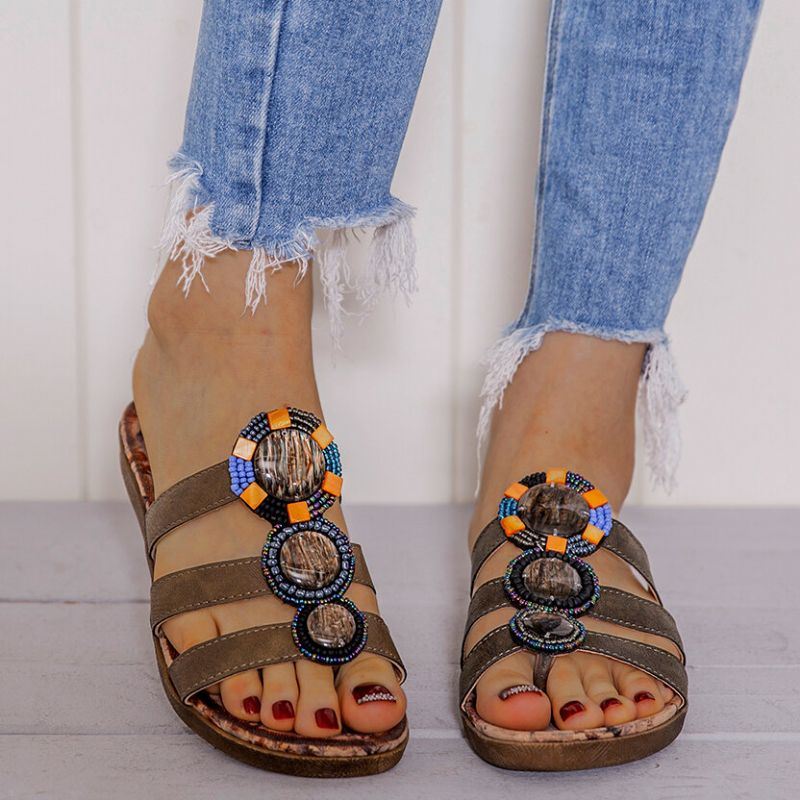 Dames Bohemian Kraal Decoratie Clip Teen Bloem Patroon Zachte Zool Casual Zomer Strand Platte Sandalen