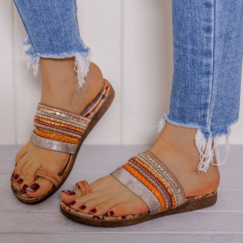 Dames Bohemian Stiksels Bloempatroon Zachte Antislip Teenring Comfortabele Casual Zomer Strand Platte Sandalen