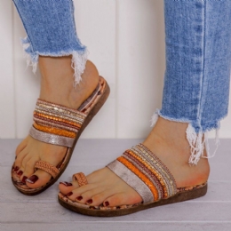 Dames Bohemian Stiksels Bloempatroon Zachte Antislip Teenring Comfortabele Casual Zomer Strand Platte Sandalen