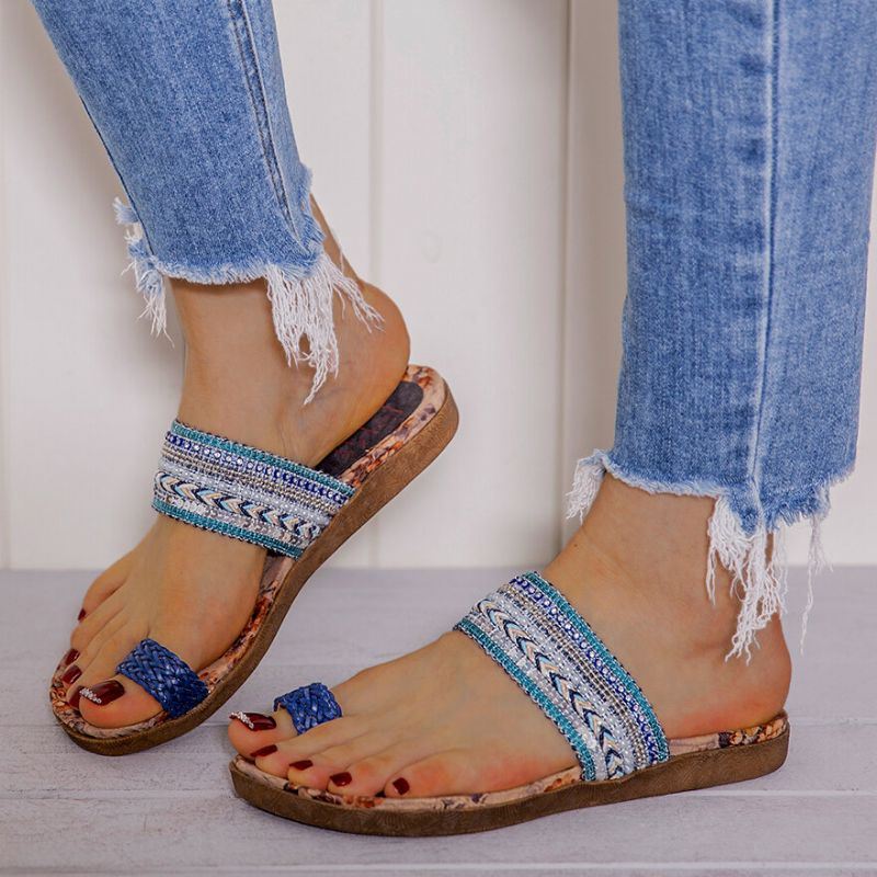 Dames Bohemian Stiksels Bloempatroon Zachte Antislip Teenring Comfortabele Casual Zomer Strand Platte Sandalen