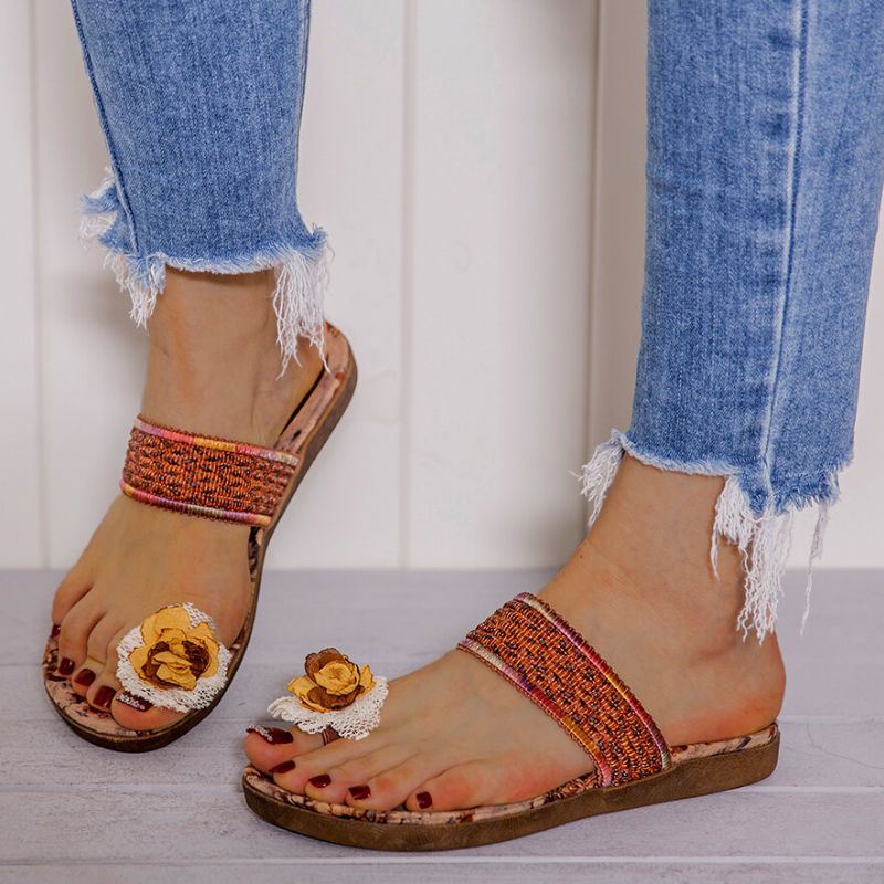 Dames Bohemian Stiksels Bloempatroon Zachte Antislip Teenring Comfortabele Casual Zomer Strand Platte Sandalen