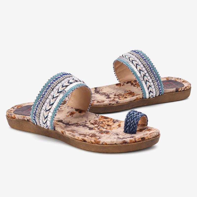 Dames Bohemian Stiksels Bloempatroon Zachte Antislip Teenring Comfortabele Casual Zomer Strand Platte Sandalen