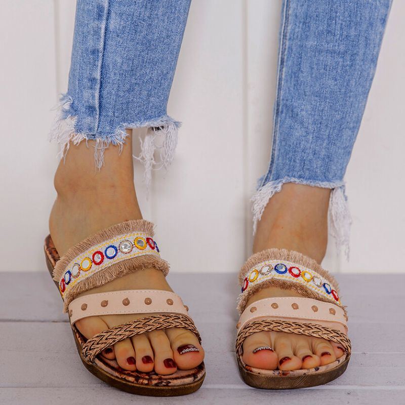 Dames Bohemian Weave Open Teen Bloempatroon Zool Casual Zomer Strand Platte Sandalen