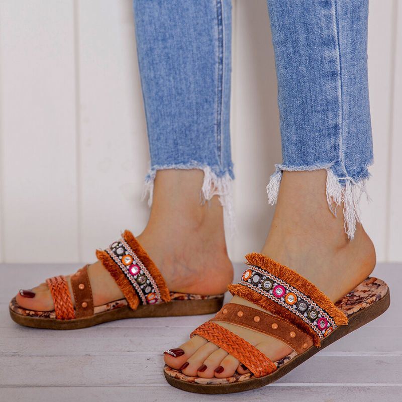 Dames Bohemian Weave Open Teen Bloempatroon Zool Casual Zomer Strand Platte Sandalen