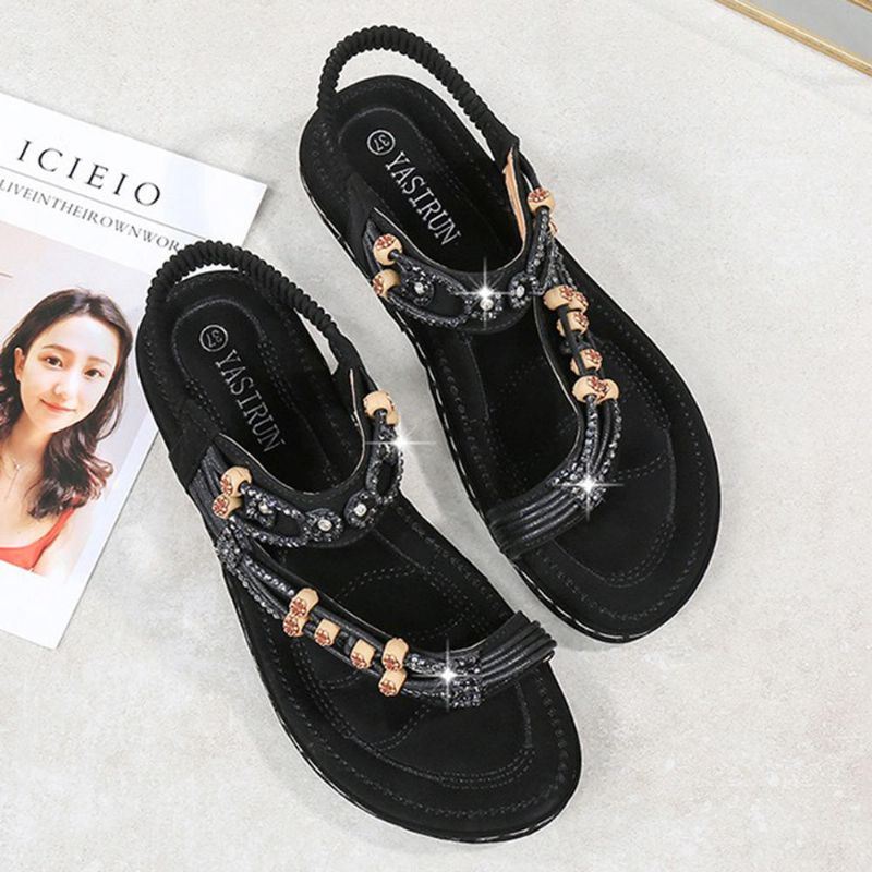 Dames Bohemian Weave Strass Elastische Band Zachte Toevallige Sandalen