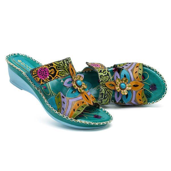 Dames Boho Handgemaakte Lederen Schoen Bloem Zachte Sandalen