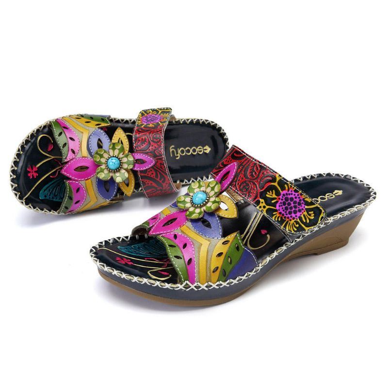 Dames Boho Handgemaakte Lederen Schoen Bloem Zachte Sandalen