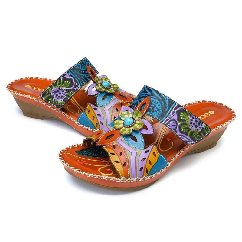 Dames Boho Handgemaakte Lederen Schoen Bloem Zachte Sandalen