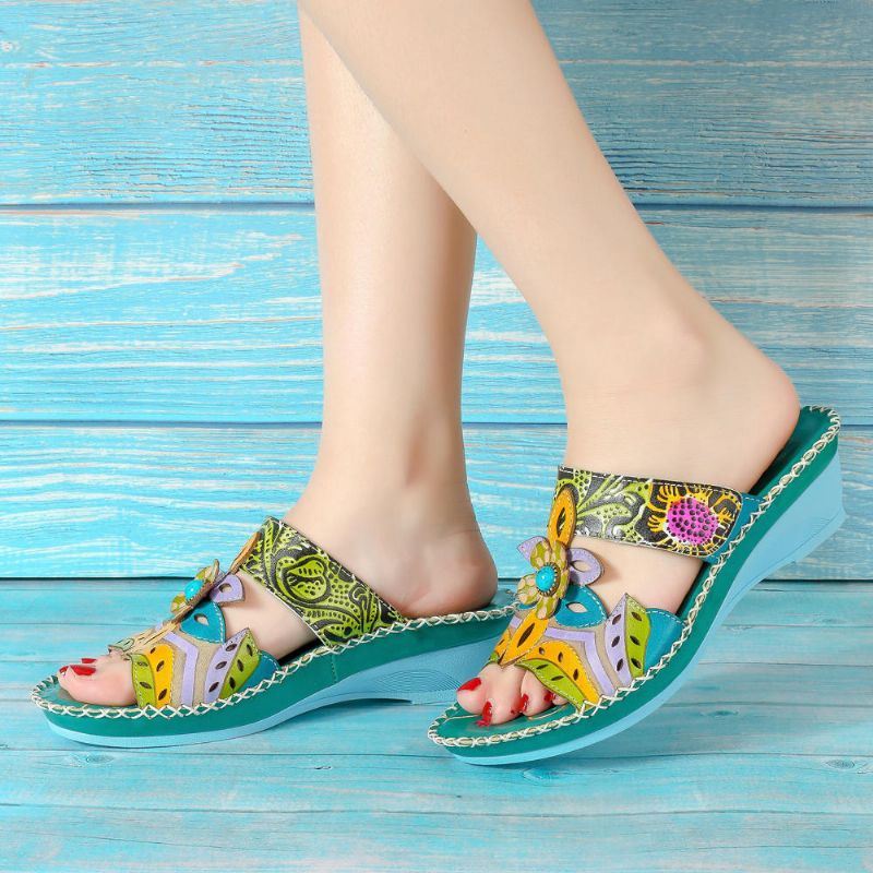 Dames Boho Handgemaakte Lederen Schoen Bloem Zachte Sandalen