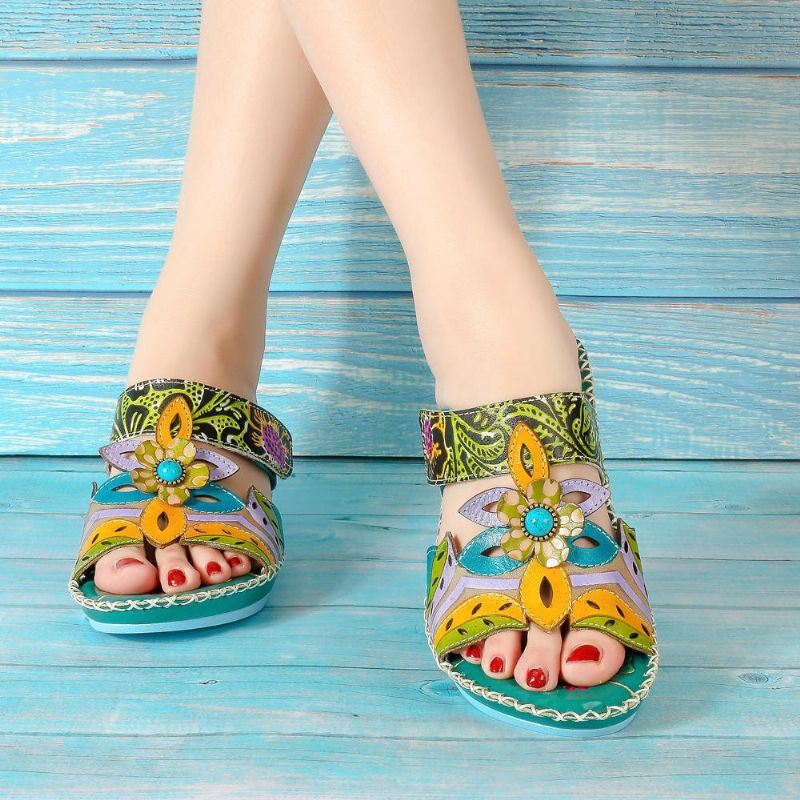 Dames Boho Handgemaakte Lederen Schoen Bloem Zachte Sandalen