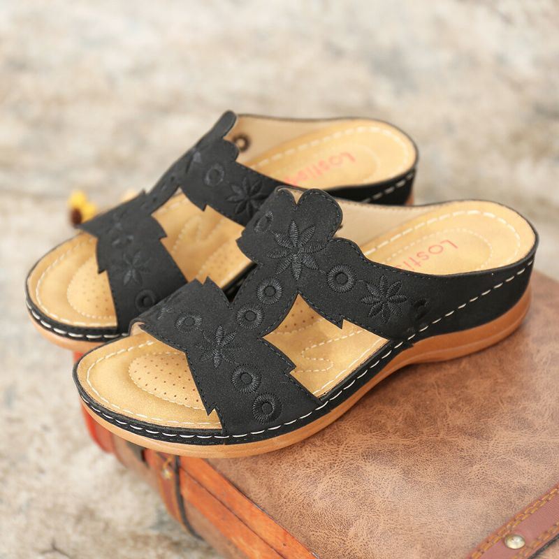 Dames Borduurwerk Comfy Casual Zomer Slip Op Wedge Sandalen