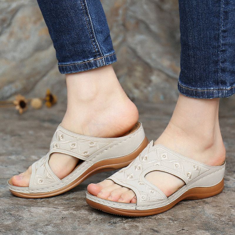 Dames Borduurwerk Open Teen Comfy Casual Slip Op Zomer Wedge Sandalen