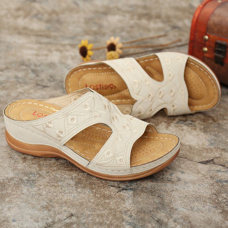 Dames Borduurwerk Open Teen Comfy Casual Slip Op Zomer Wedge Sandalen