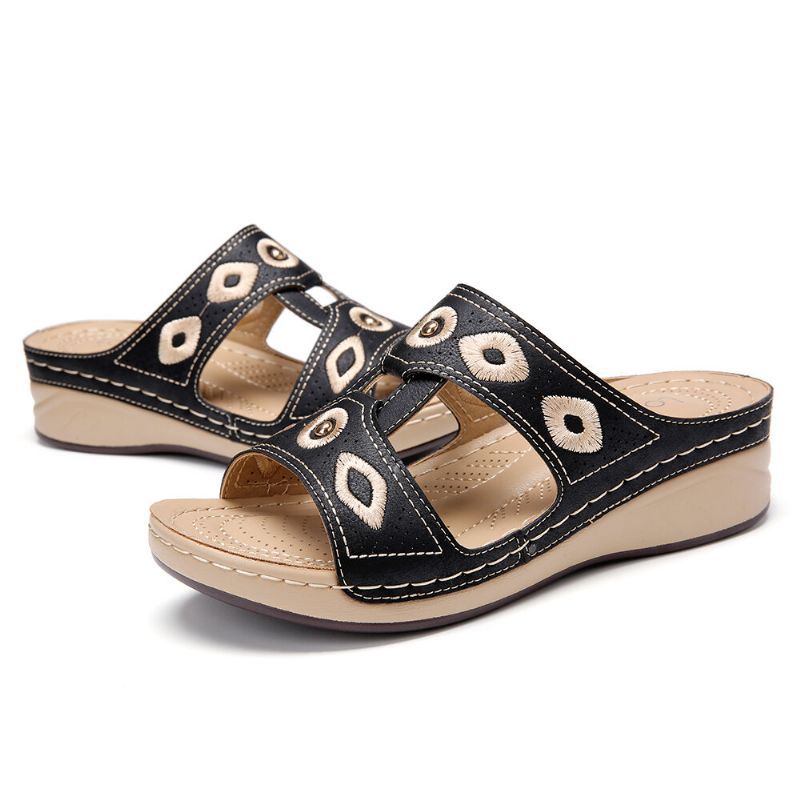 Dames Borduurwerk Open Teen Slip On Comfy Casual Wedge Sandalen