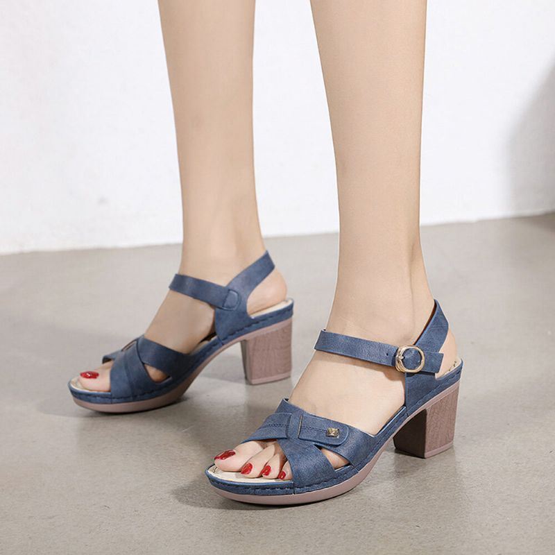 Dames Casual Effen Kleur Stiksels Hasp Chunky Hak Streep Sandalen