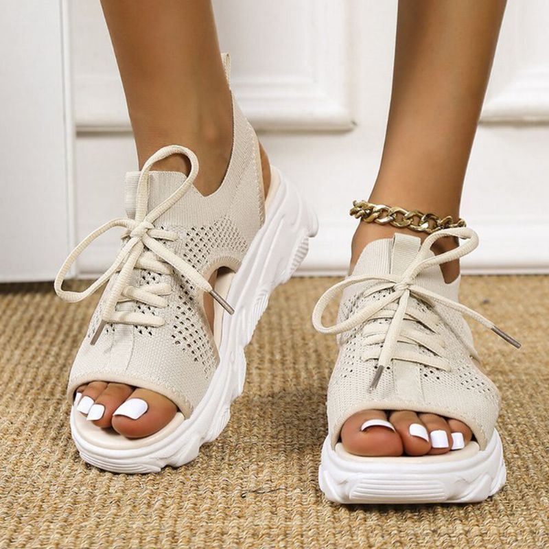 Dames Casual Lace-up Comfy Knit Open Teen Platform Sandalen