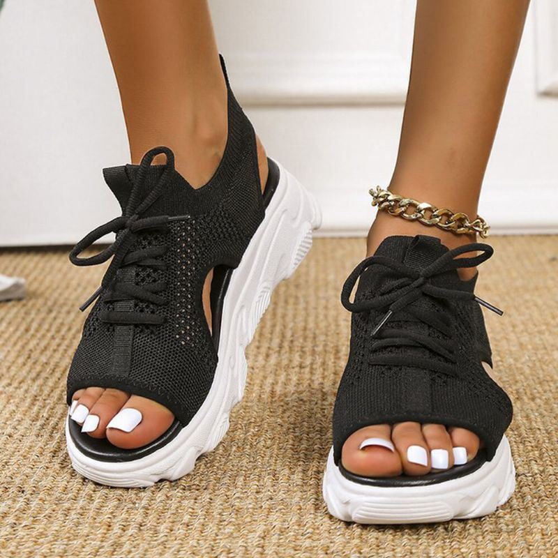 Dames Casual Lace-up Comfy Knit Open Teen Platform Sandalen