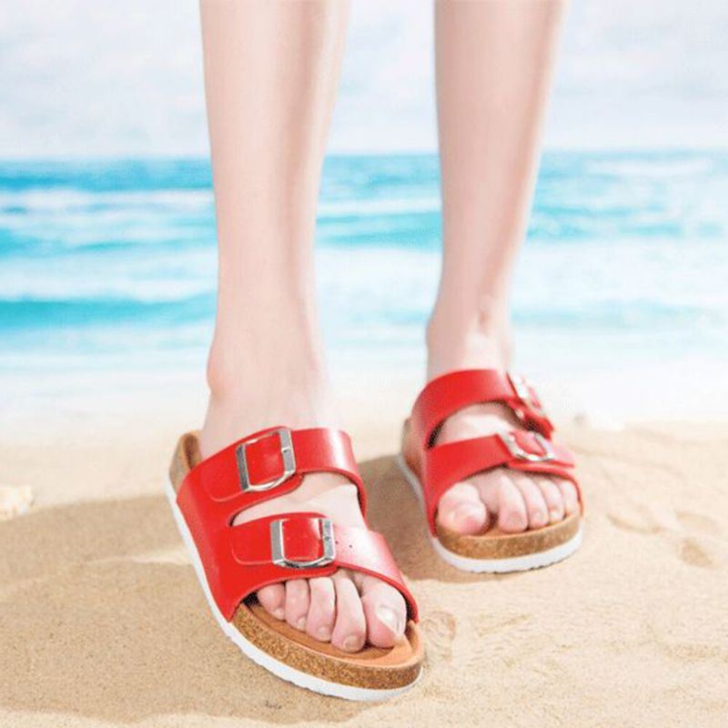 Dames Casual Strand Dual Strap Buckle Open Teen Soft Cork Sandalen