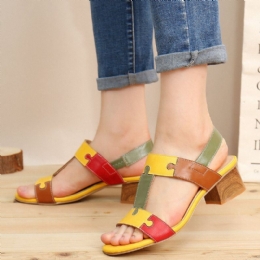 Dames Color Block T-band Open Teen Elastische Band Chunky Heel Sandalen