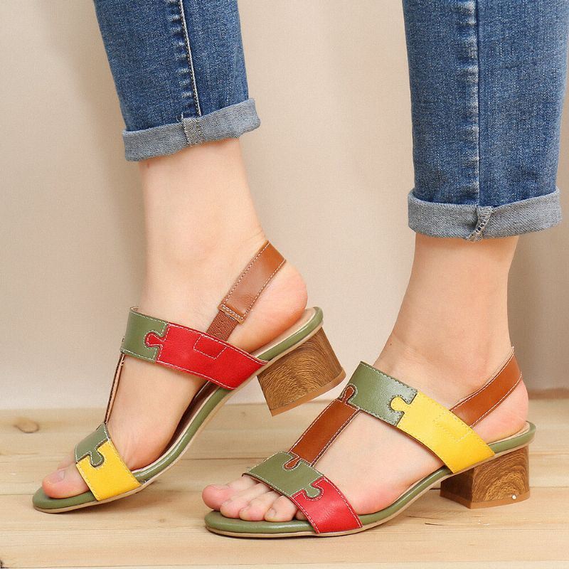 Dames Color Block T-band Open Teen Elastische Band Chunky Heel Sandalen