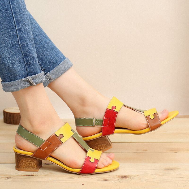 Dames Color Block T-band Open Teen Elastische Band Chunky Heel Sandalen