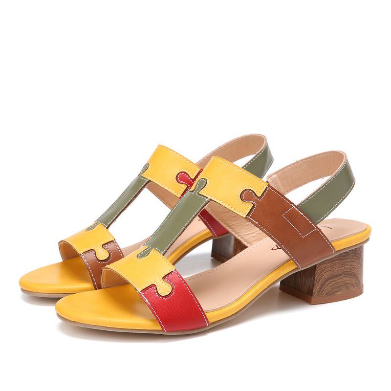 Dames Color Block T-band Open Teen Elastische Band Chunky Heel Sandalen