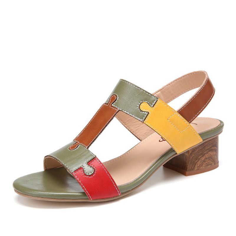 Dames Color Block T-band Open Teen Elastische Band Chunky Heel Sandalen