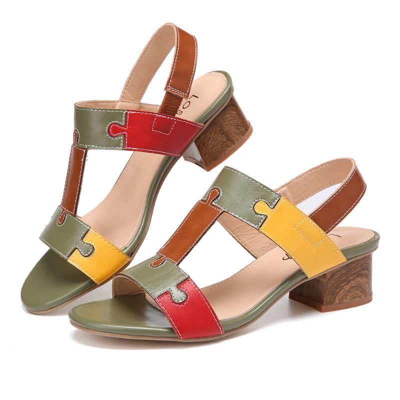 Dames Color Block T-band Open Teen Elastische Band Chunky Heel Sandalen