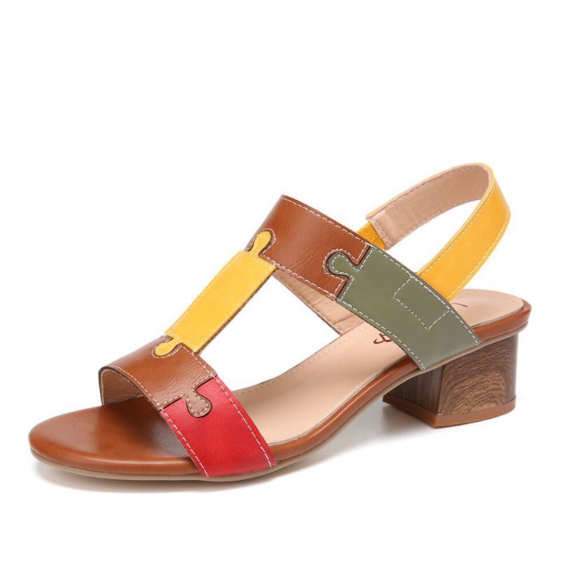 Dames Color Block T-band Open Teen Elastische Band Chunky Heel Sandalen