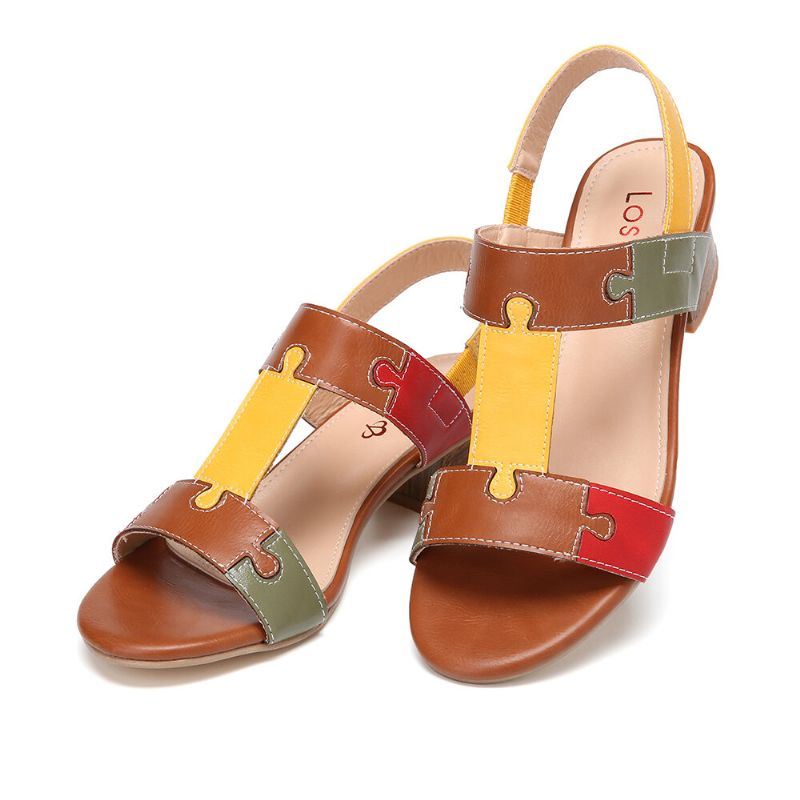 Dames Color Block T-band Open Teen Elastische Band Chunky Heel Sandalen