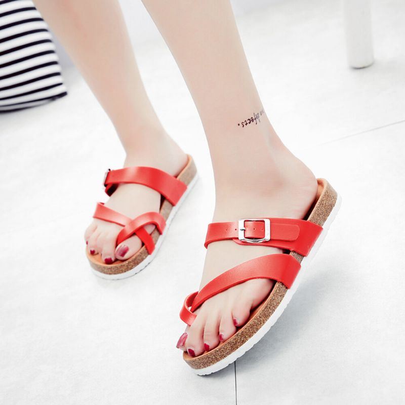 Dames Comfortabele Zachte Gesp Splicing Teen Ring Platte Kurk Sandalen