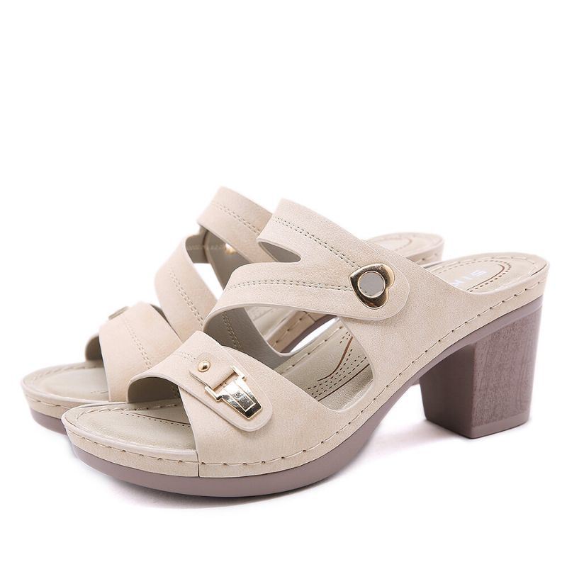 Dames Comfy Metal Buckle Peep Toe Backless Chunky Heel Sandalen