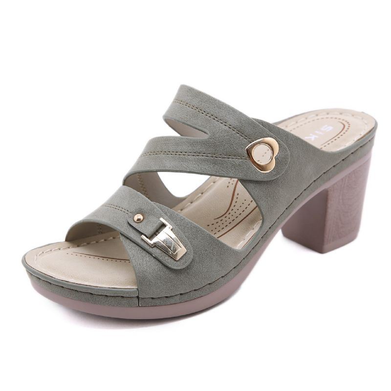 Dames Comfy Metal Buckle Peep Toe Backless Chunky Heel Sandalen