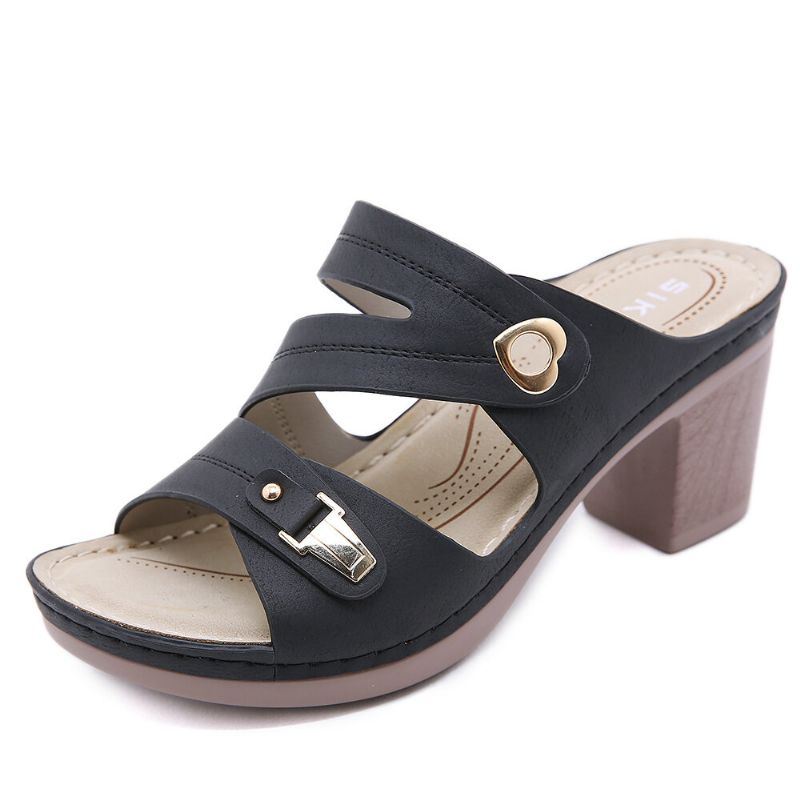 Dames Comfy Metal Buckle Peep Toe Backless Chunky Heel Sandalen