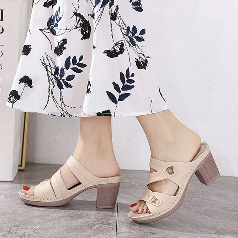 Dames Comfy Metal Buckle Peep Toe Backless Chunky Heel Sandalen