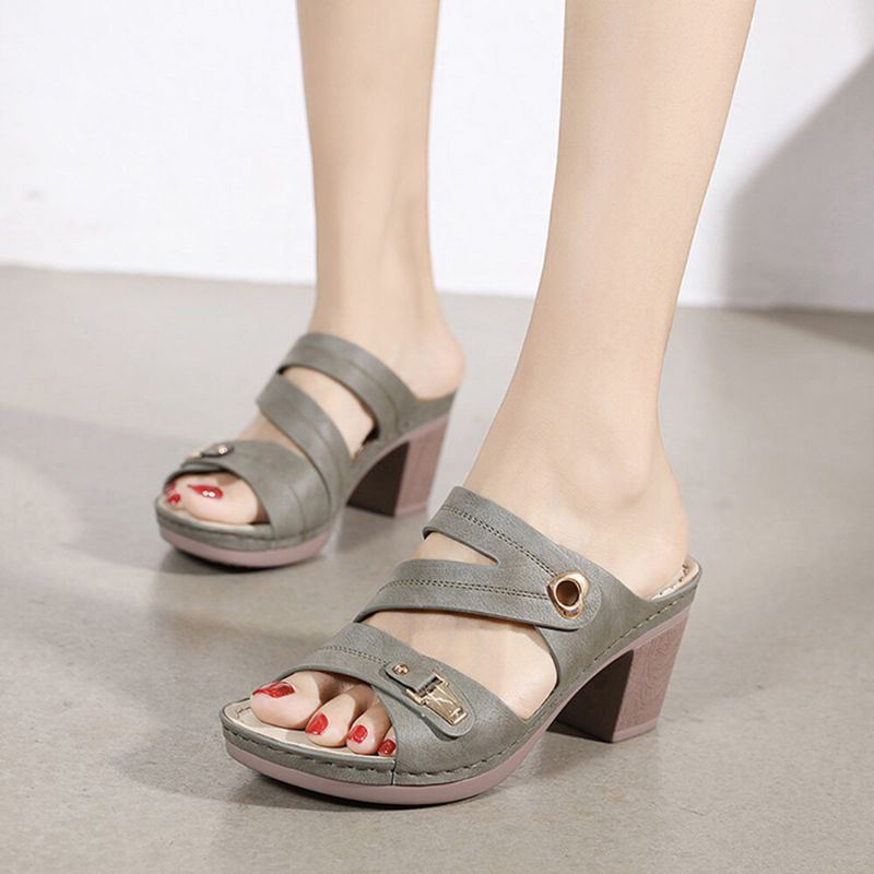 Dames Comfy Metal Buckle Peep Toe Backless Chunky Heel Sandalen