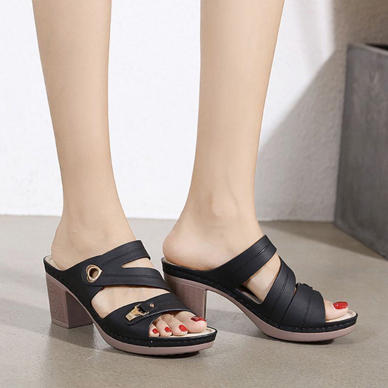 Dames Comfy Metal Buckle Peep Toe Backless Chunky Heel Sandalen