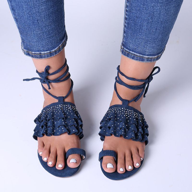 Dames Comfy Strass Ruches Lace Up Sandalen