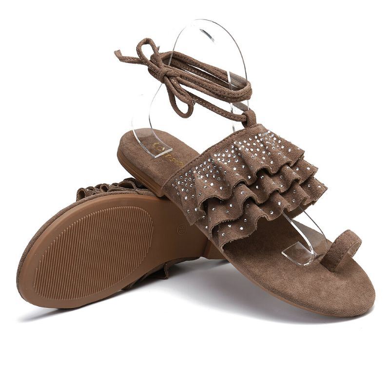 Dames Comfy Strass Ruches Lace Up Sandalen